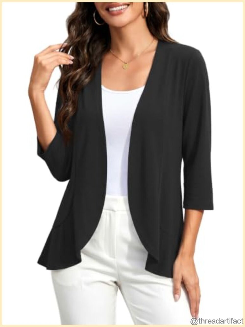 Womens 3/4 Sleeve Ruffle Open Front Lightweight Cardigan Sweater